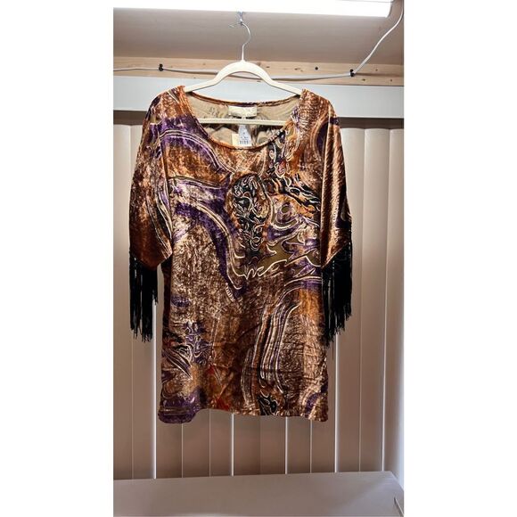 COTTON CLUB BROWN VELOUR PAISLEY SHIRT FRINGE SLEEVES SIZE 10 NEW - Picture 2 of 12